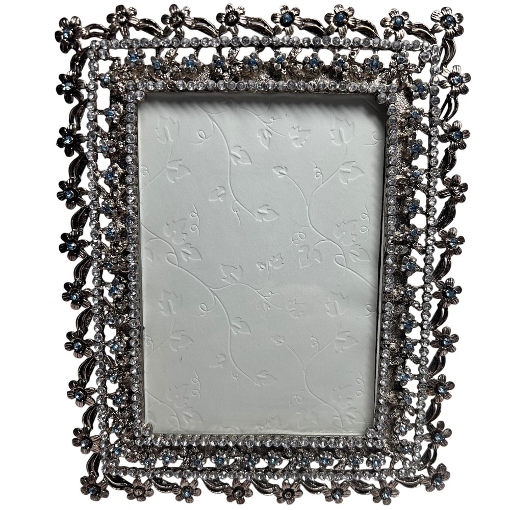 Sixtrees Floral Rhinestone Picture Frame 4x6 Pewter Tone Ornate Vintage
